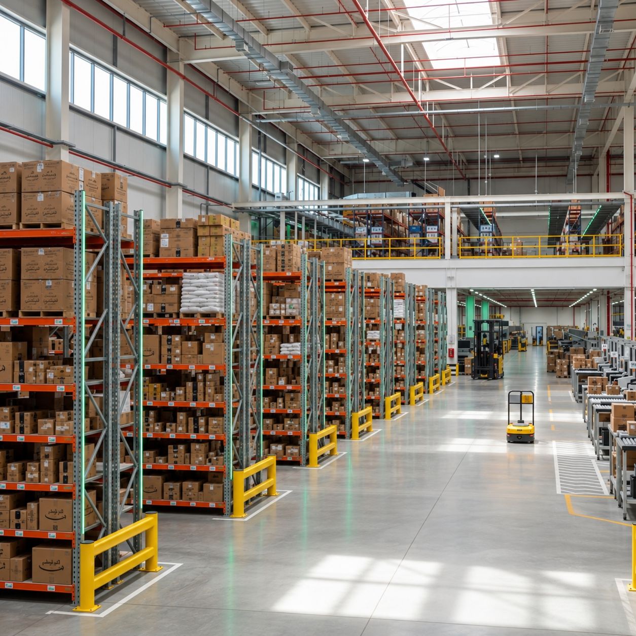 Interior of the DigitalStores warehouse in Sharjah with tall orange pallet racking full of cartons, yellow rack guards, a mezzanine level and a forklift on a polished concrete floor