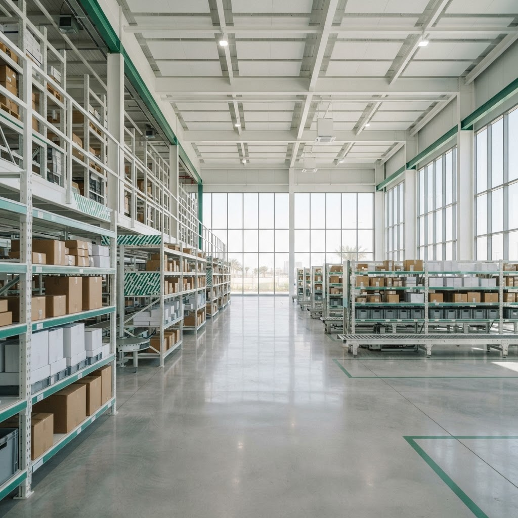 Modern DigitalStores fulfillment center in the UAE with organized racking and polished floors